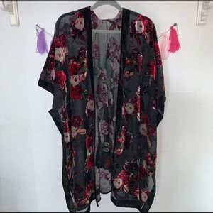 Sheer Black Kimono with Velvet Floral Pattern
